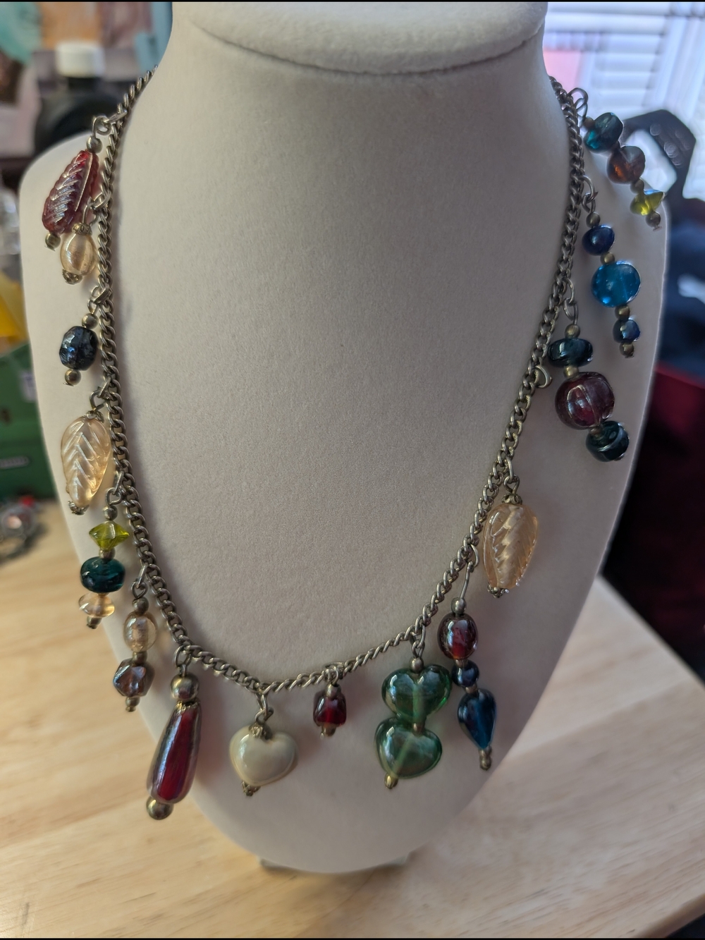 Multicolor Glass Heart & Teardrop Charm Necklace